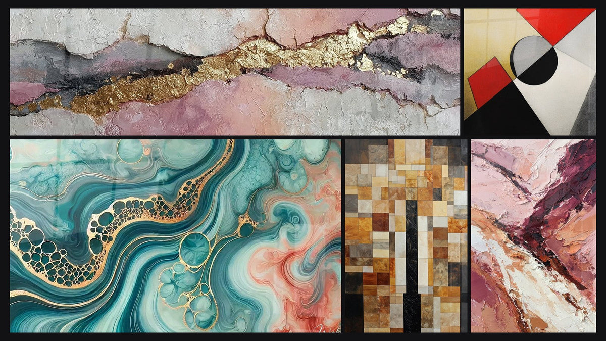 Mosaico de cinco cuadros, entre ellos Marea de Acuarela y Formas geométricas de colores