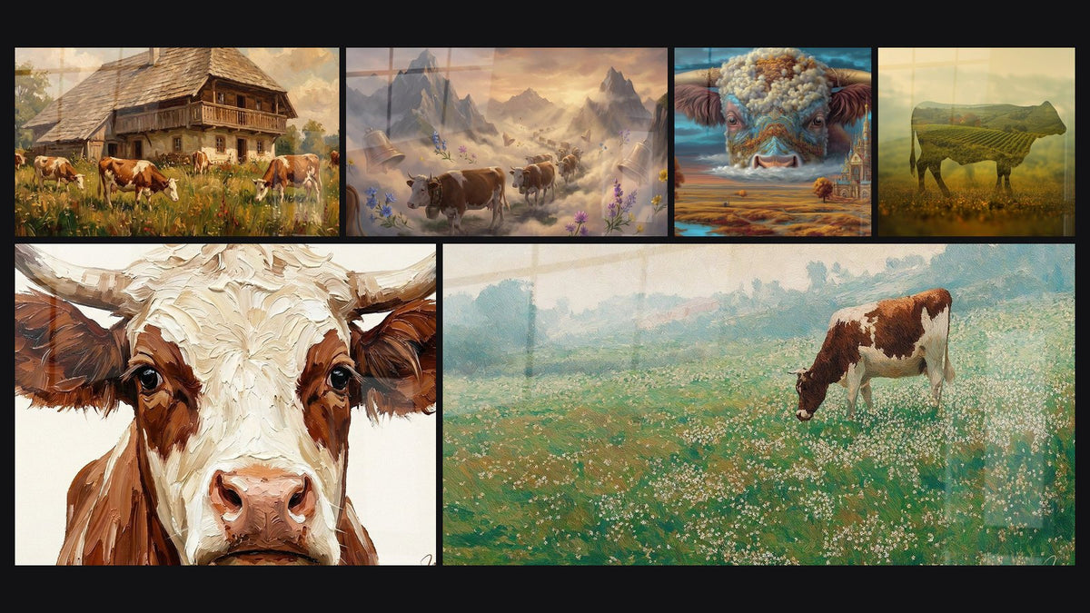 Mosaïque de six tableaux, dont Ferme Vosgienne, Vache des Alpes et Vaches en Alpage