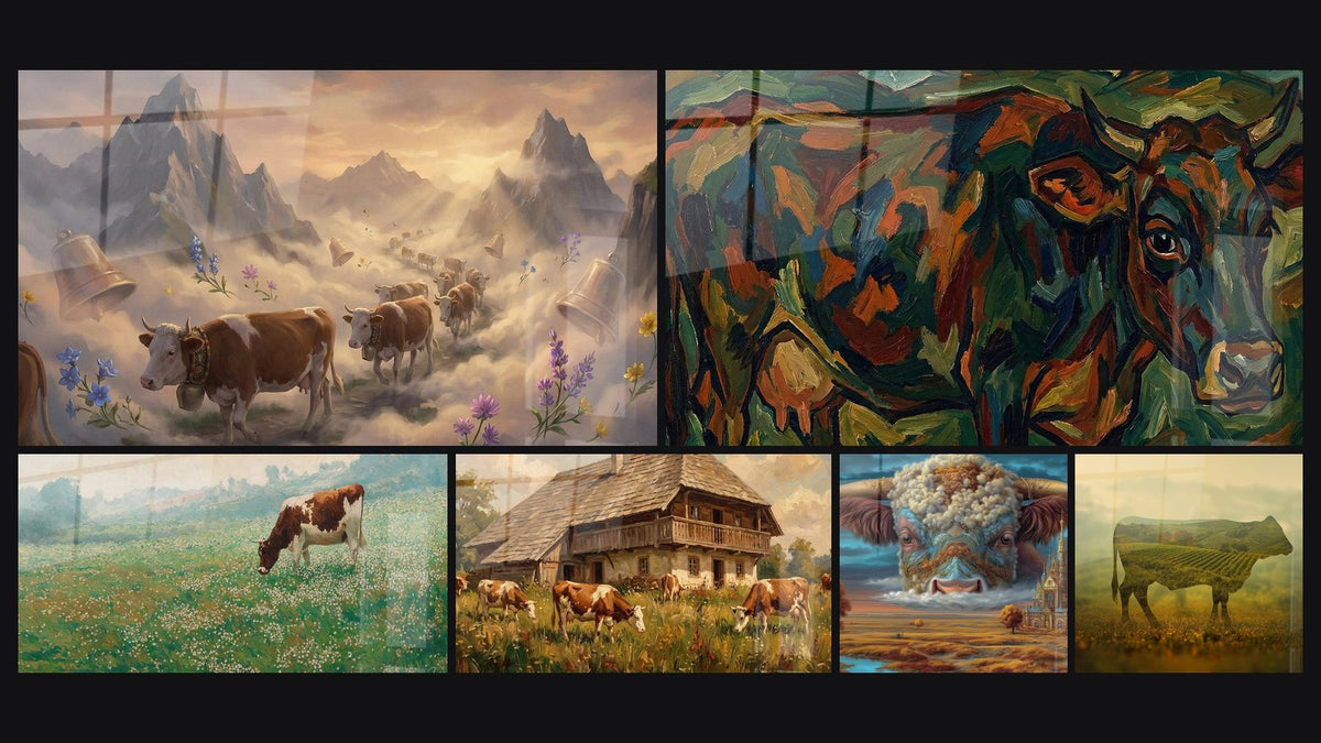 Mosaïque de six tableaux, dont Vaches en Alpage, Vache dans Prairie Normande et Ferme Vosgienne