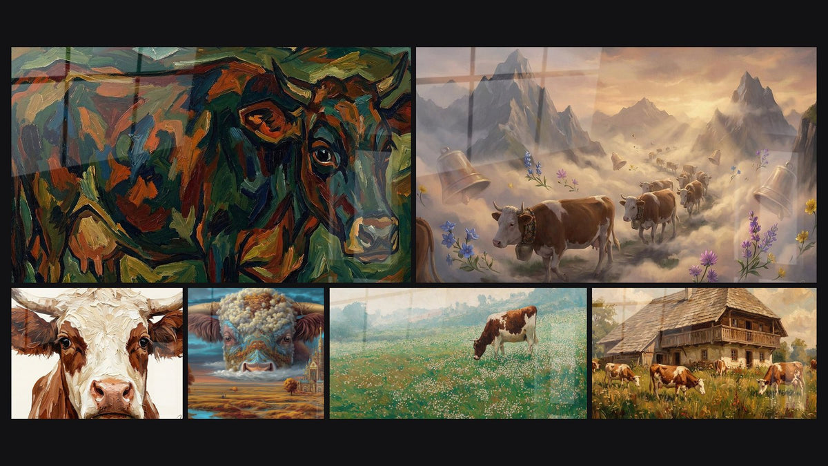 Mosaïque de six tableaux, dont Vaches Expressionnistes, Vache des Alpes et Vaches en Alpage