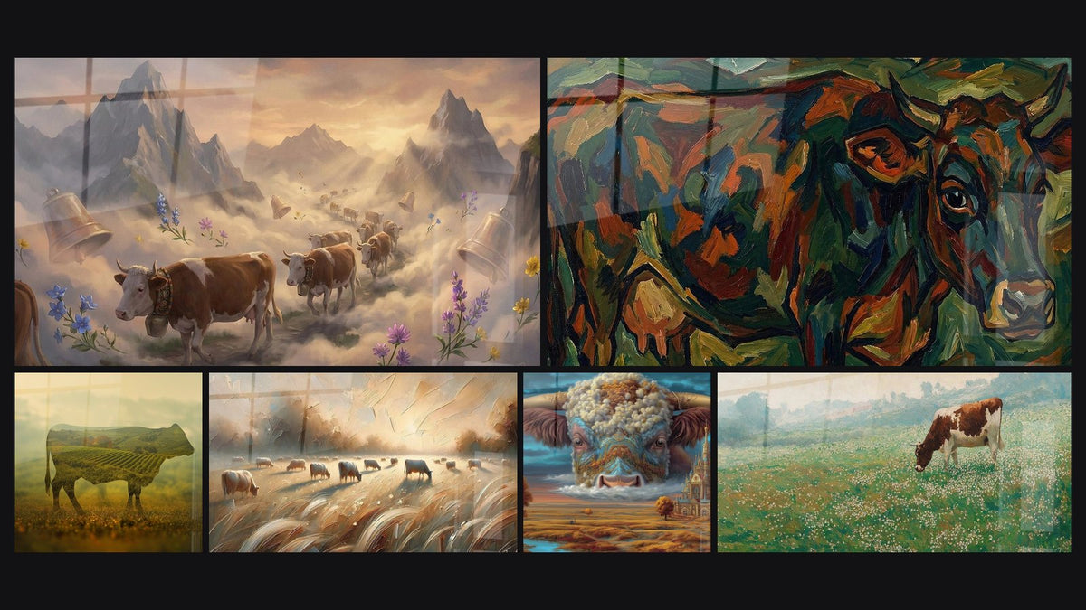 Mosaïque de six tableaux, dont Vaches en Alpage, Vache Double Exposition et Vaches Expressionnistes