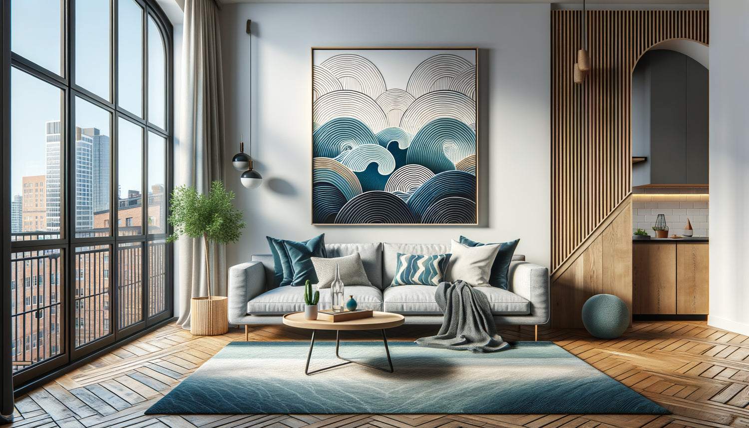 Salon Airbnb moderne avec tableau de vagues stylisées au-dessus d'un canapé gris, décoration maritime minimaliste urbaine