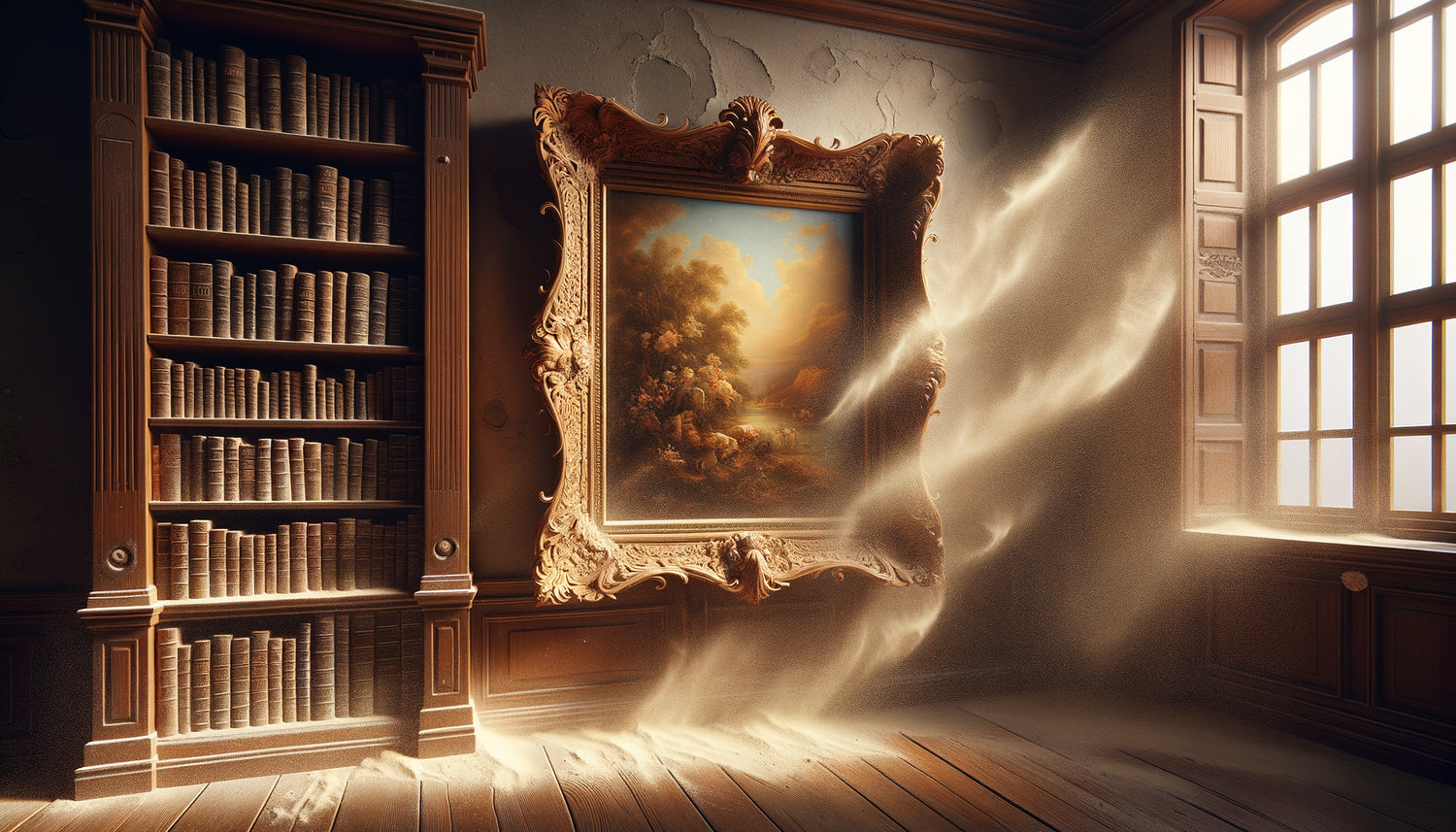 Tableau de valeur accroché près d'une bibliothèque ancienne avec poussière visible flottant dans la lumière