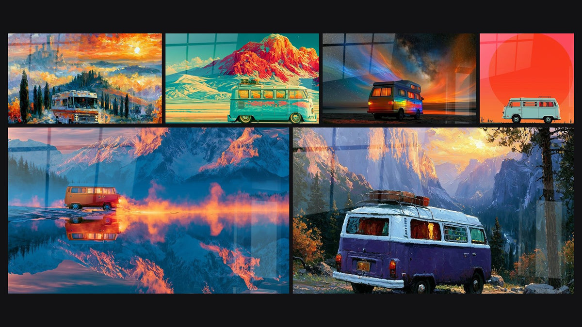 Mosaïque de six tableaux, dont Van illuminé face à un ciel étoilé et Combi orange et bleu au lac miroir