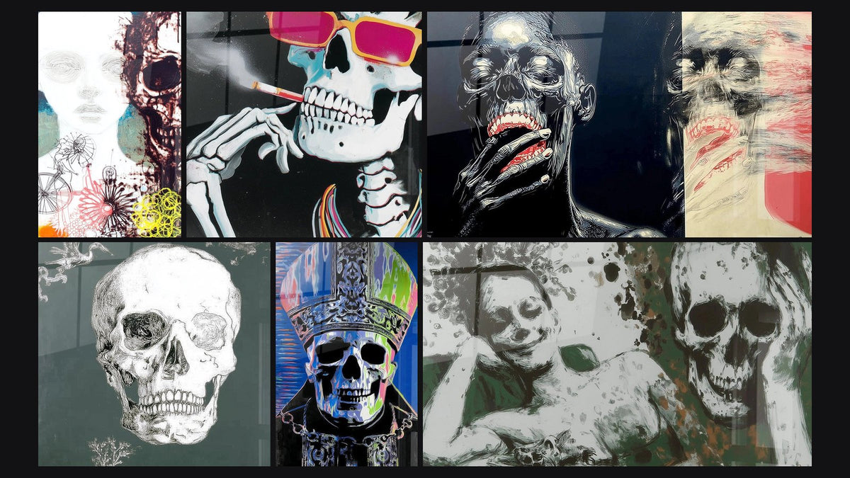 Mosaic of six paintings, including Skull Beauty Perishable, Skull Last Drag and Skull Wall Art Anxiety White