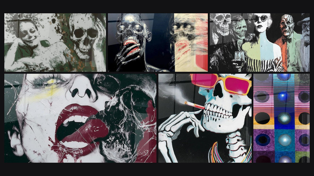 Mosaïque de six tableaux, dont Mort beauté fanée, Crâne Angoisse blanche et Femme élégance macabre