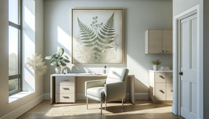 Cabinet d'allergologie moderne avec tableau botanique aux motifs végétaux apaisants, décoration médicale contemporaine