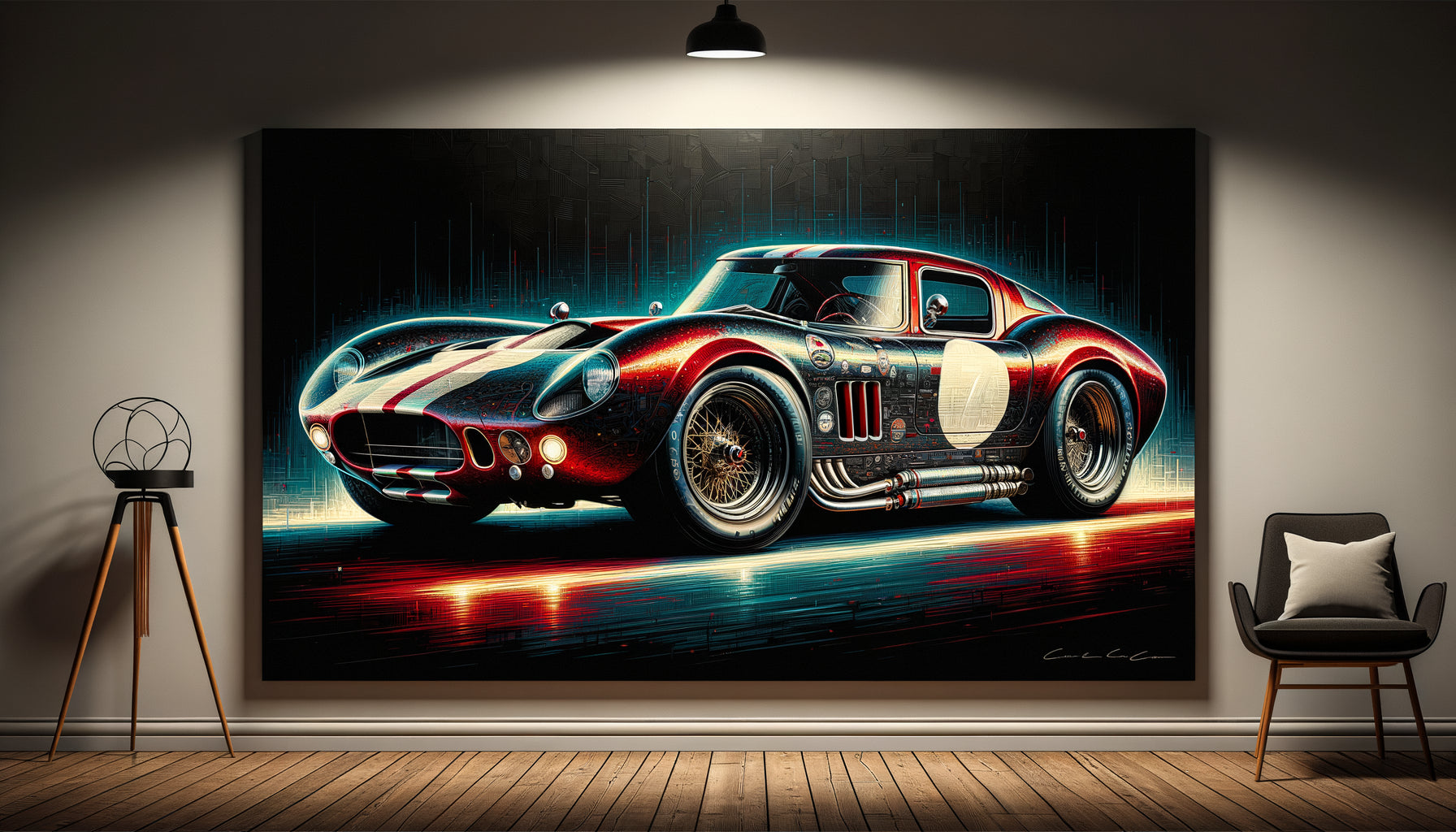 Tableau contemporain représentant une voiture de sport stylisée, art automobile moderne sophistiqué pour décoration intérieure