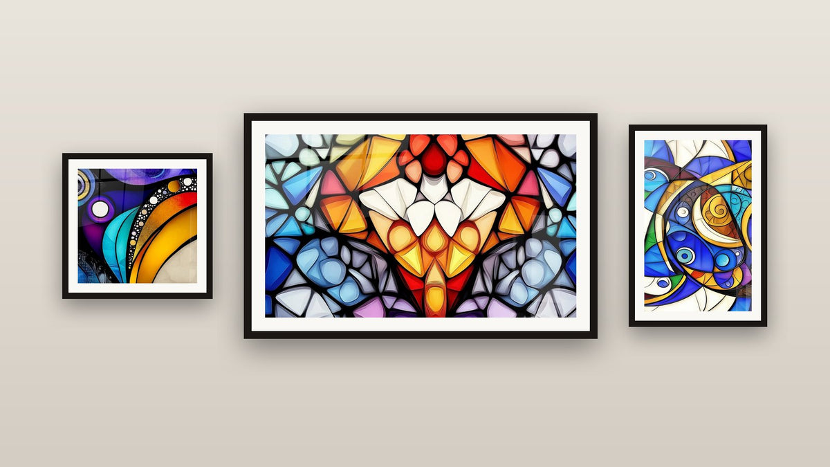 Gallery wall with three framed paintings: Contemporary Abstract, Abstract Composition and Geometric Floral Pattern