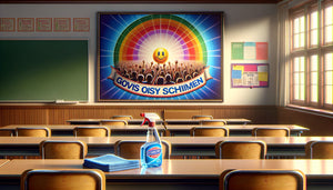 Tableau scolaire protégé par vernis résistant avec produits de nettoyage désinfectants en premier plan dans classe moderne