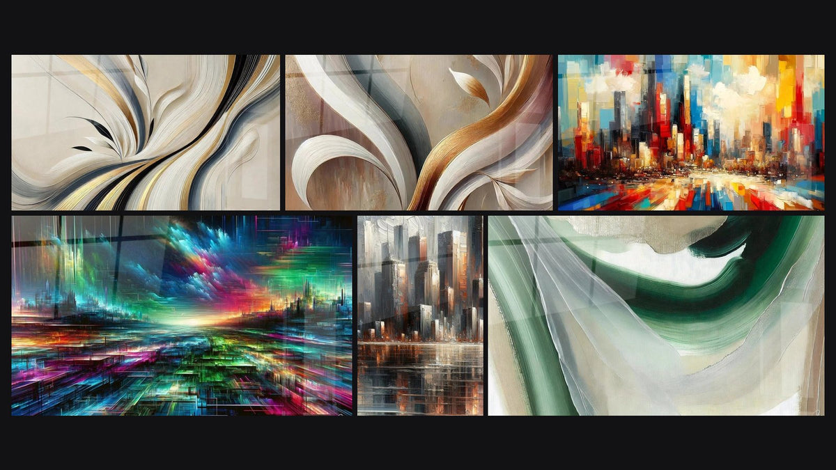 Mosaic of six paintings, including Harmony Flow, Urban Consciousness Mirage and Urban Reflections