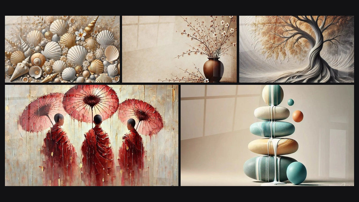 Mosaic of five paintings, including Jewels of the Sands, Natural Harmony and Breath of Earth
