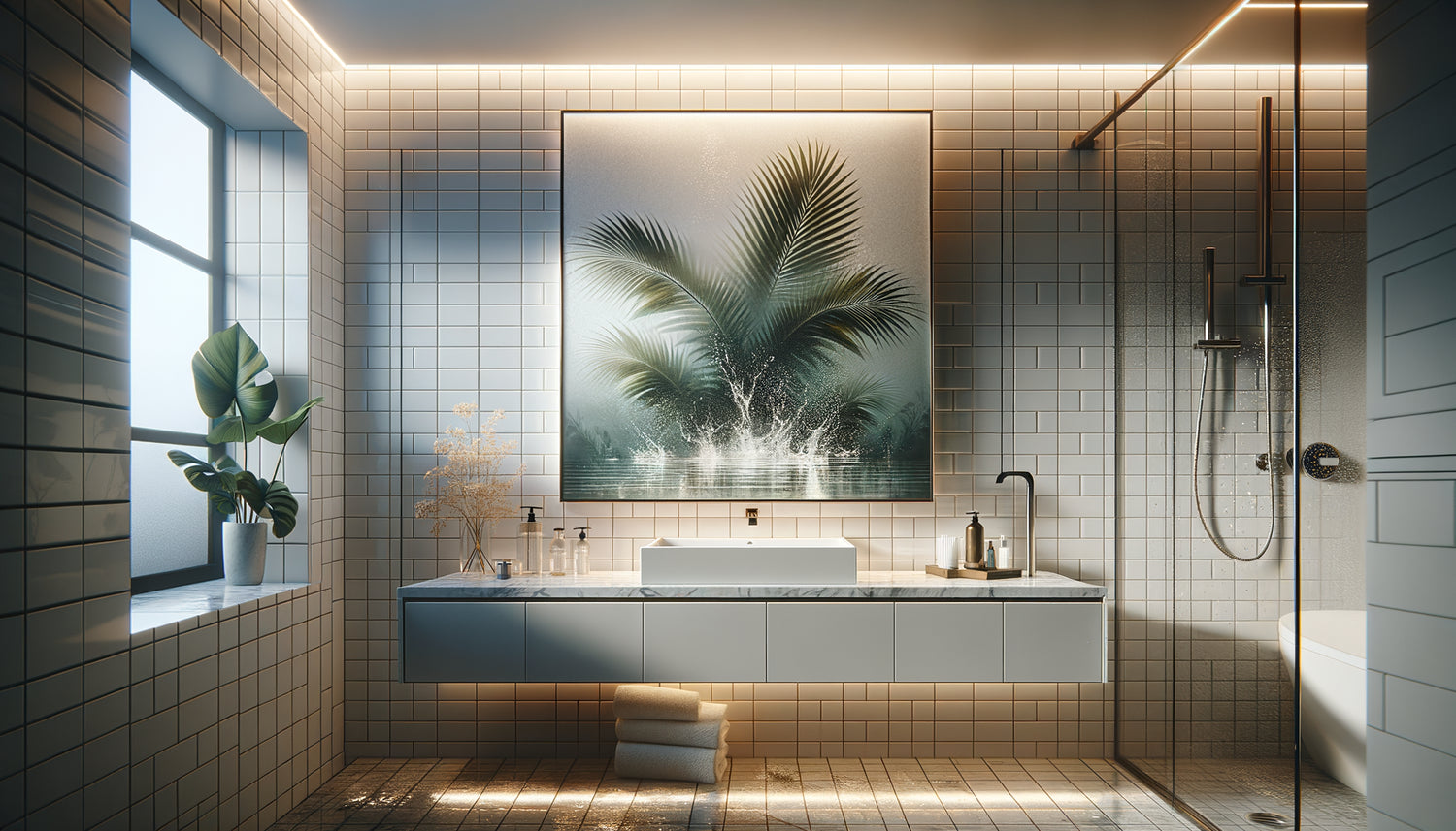 Tableau imprimé sur verre trempé avec motif tropical dans salle de bain moderne minimaliste et lumineuse