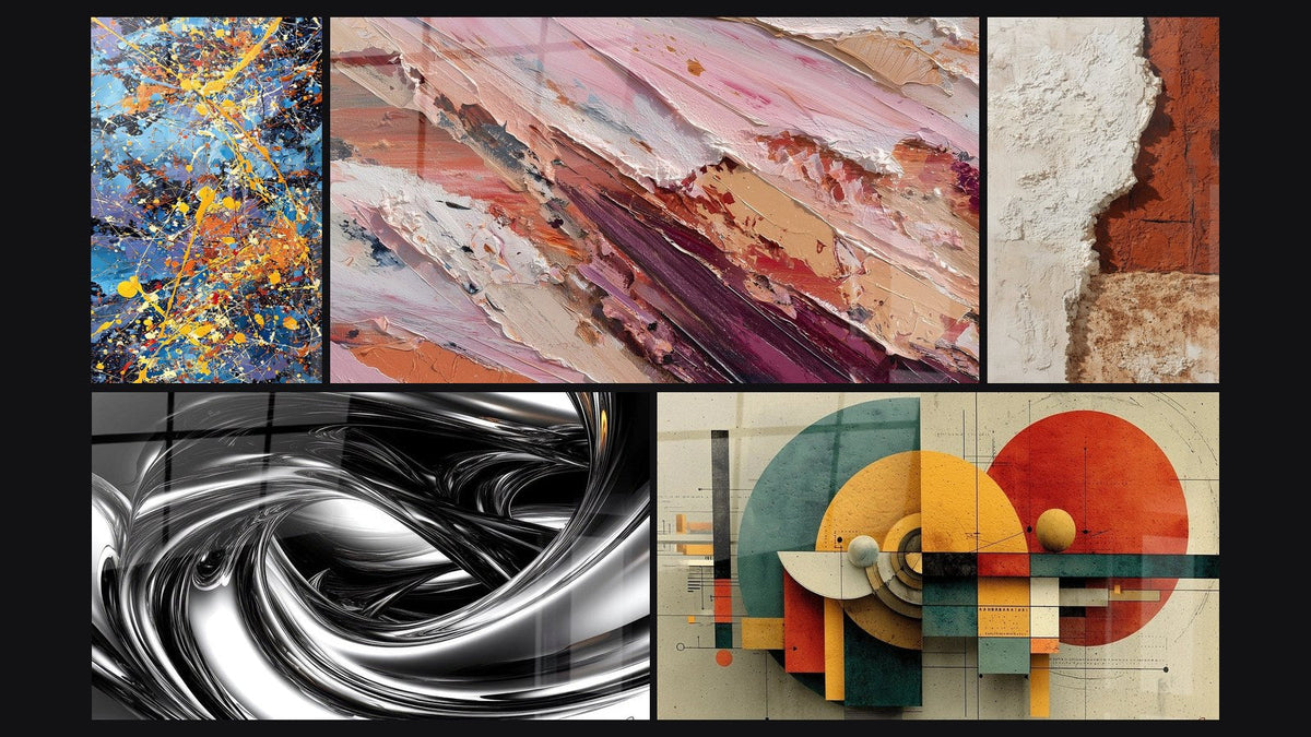 Mosaïque de cinq tableaux, dont Explosion de couleurs, Abstrait aux nuances roses et terres et Tourbillon métallique