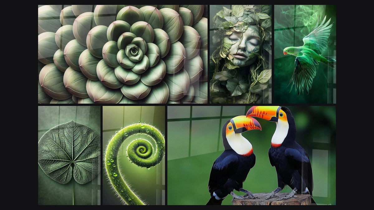 Mosaic of six paintings, including Green Geometry, Green Symmetry and Spiral of Life