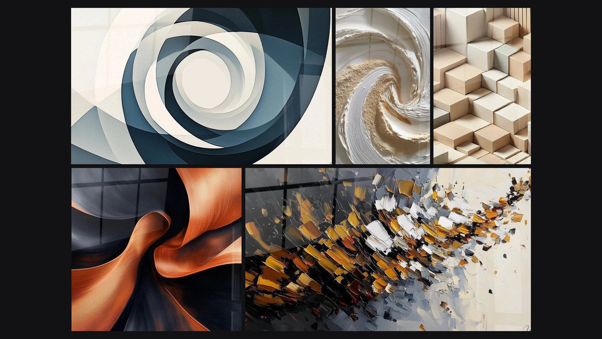 Mosaïque de cinq tableaux, dont Vortex Azur, Spirale dorée et blanche en relief texturé et Élan Sculptural Cuivré