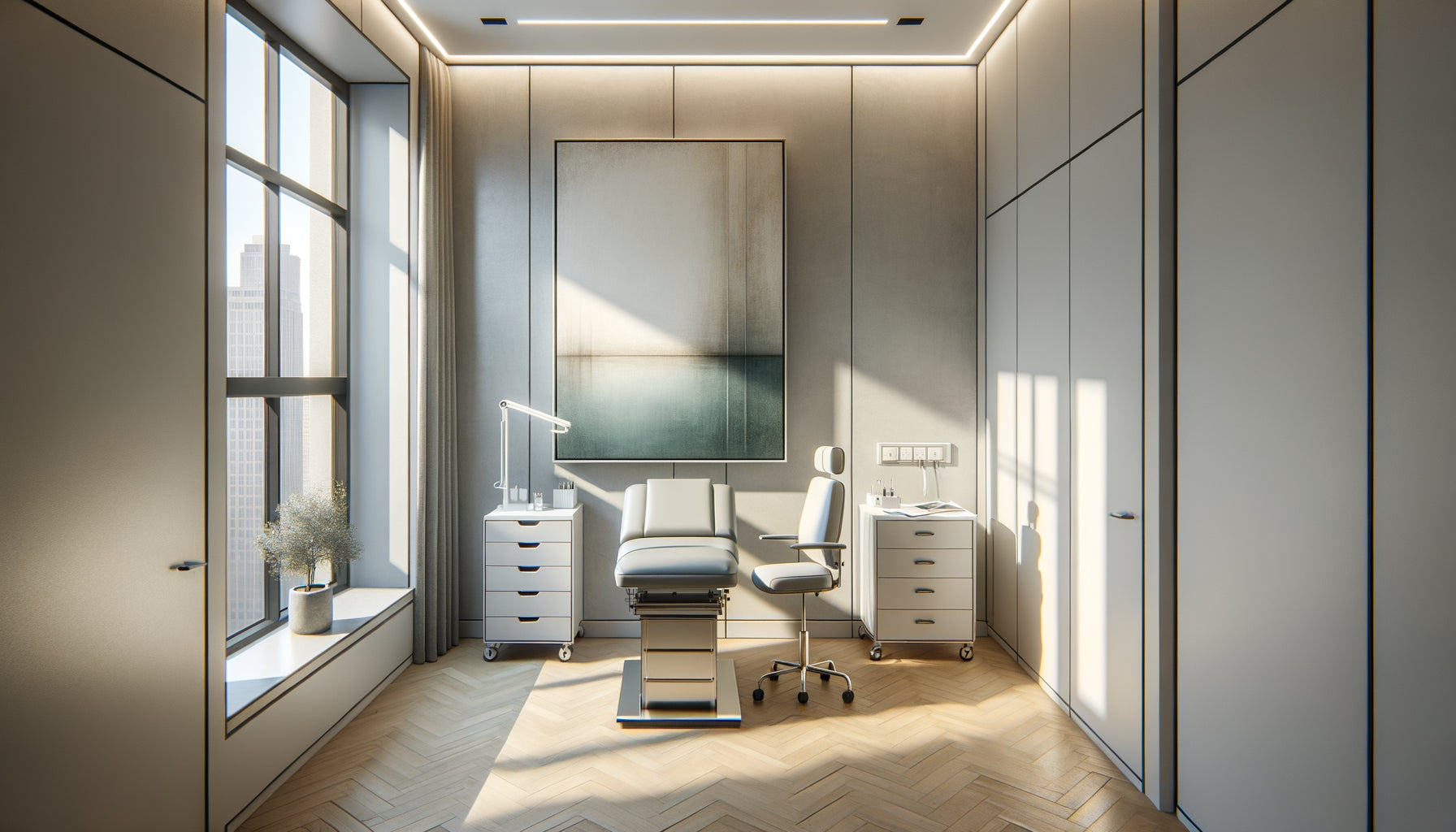 Cabinet médical urbain compact avec tableau vertical 60x80 cm optimisant l'espace restreint