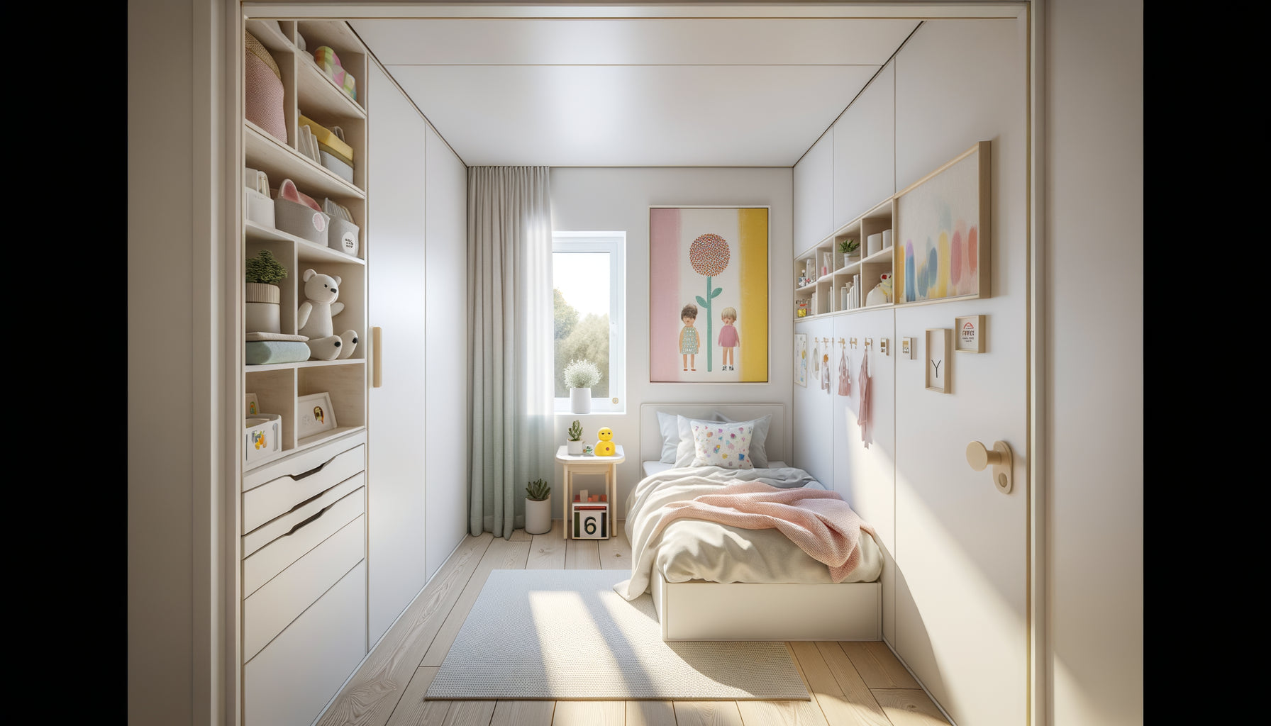 Chambre d'enfant exiguë avec tableau vertical 60x90cm créant une illusion de hauteur sur petit mur