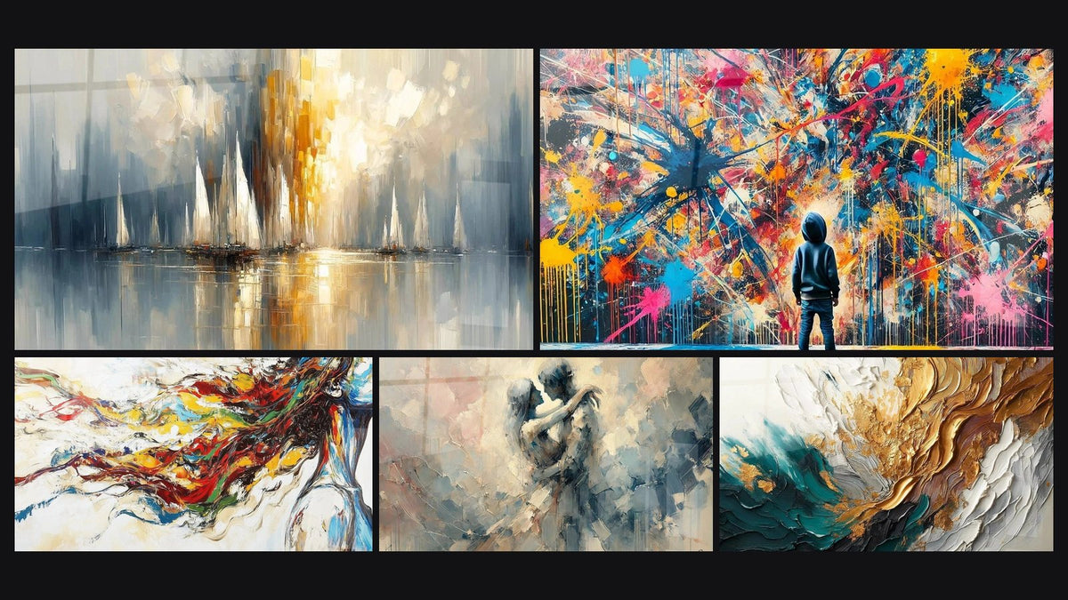 Mosaic of five paintings, including Dawn Over the Bay, Modern Muse and Paint Bursts