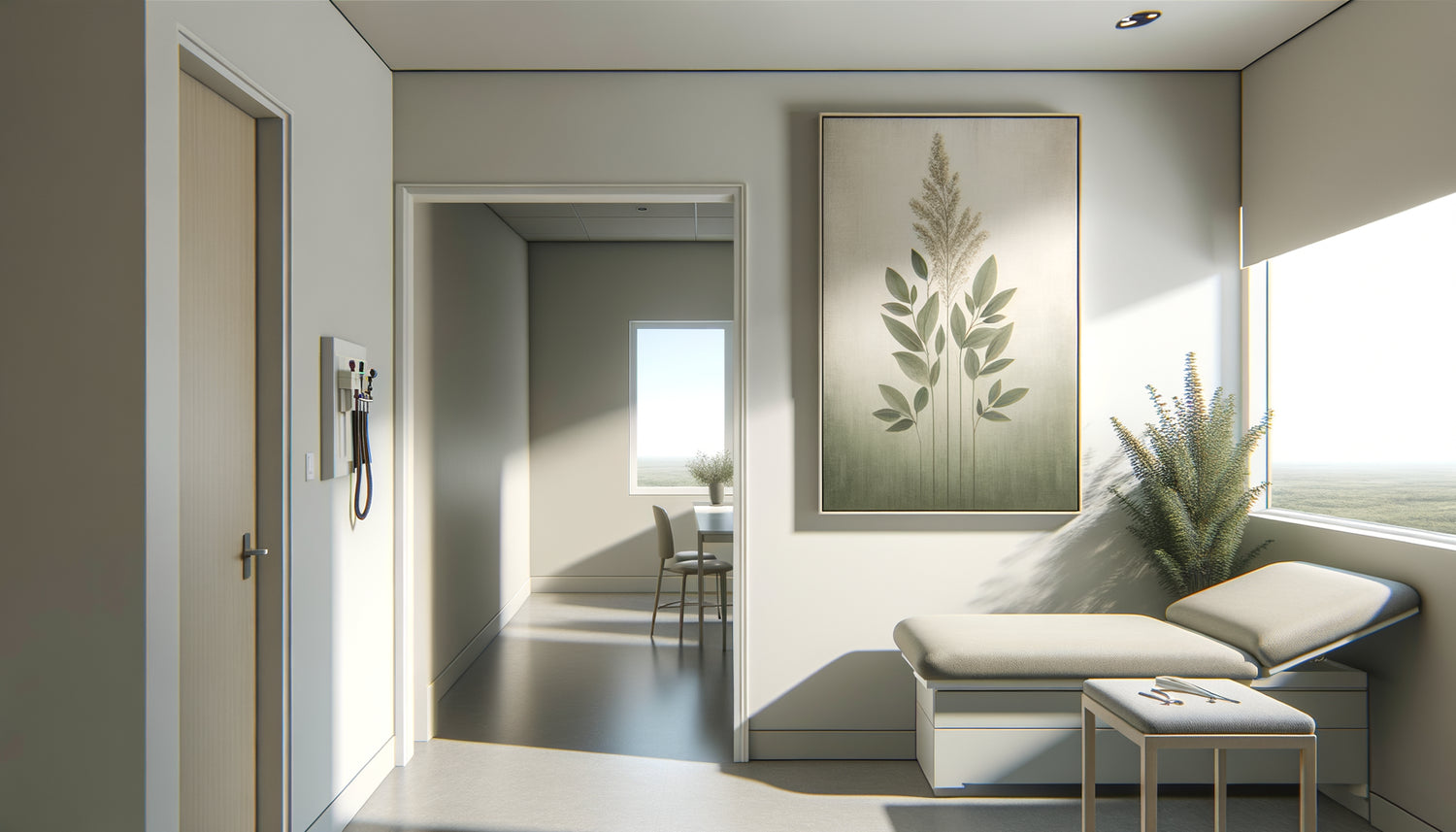 Salle d'examen médicale moderne avec tableau vertical sur mur étroit créant illusion de hauteur