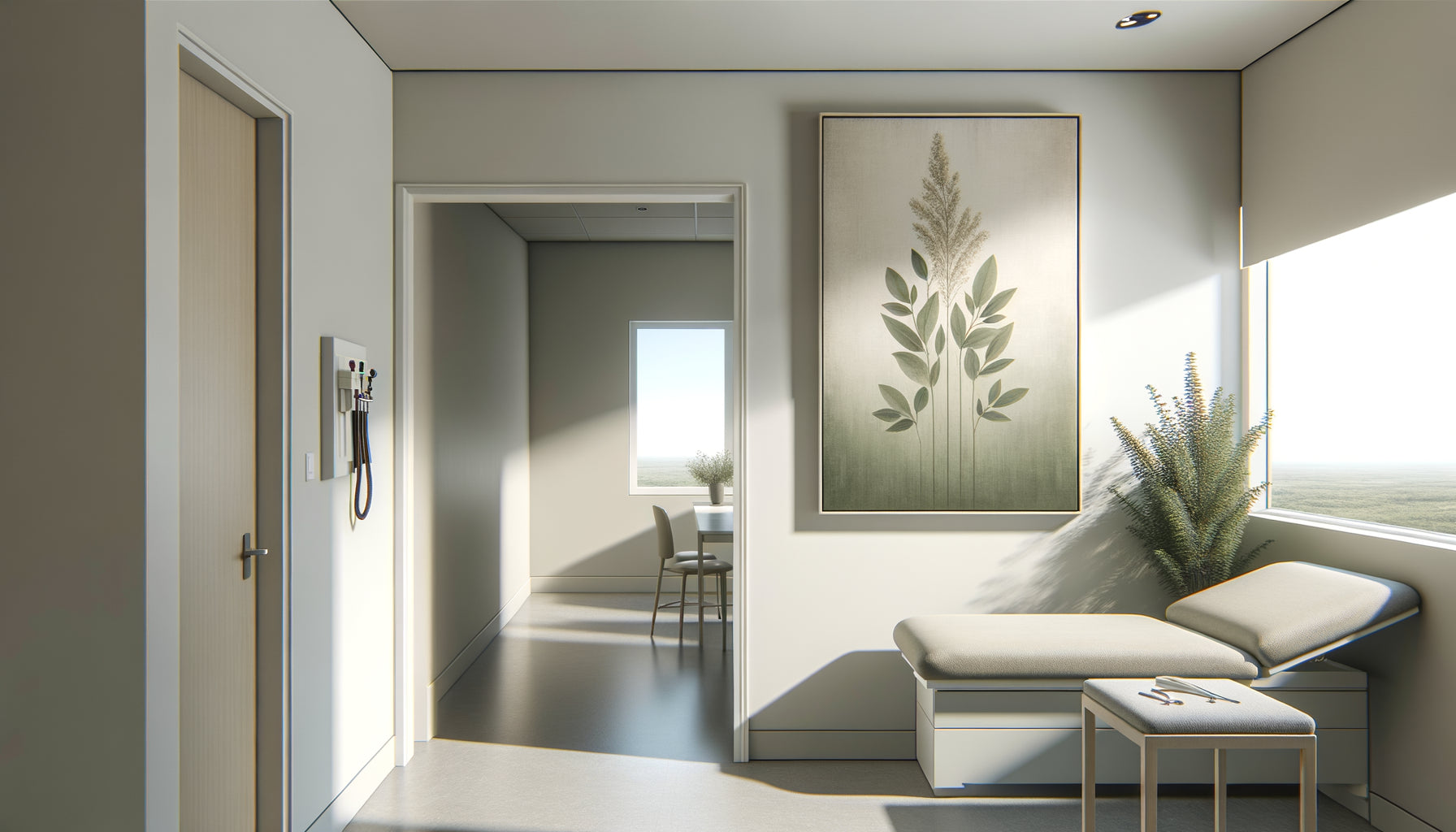 Salle d'examen médicale moderne avec tableau vertical sur mur étroit créant illusion de hauteur