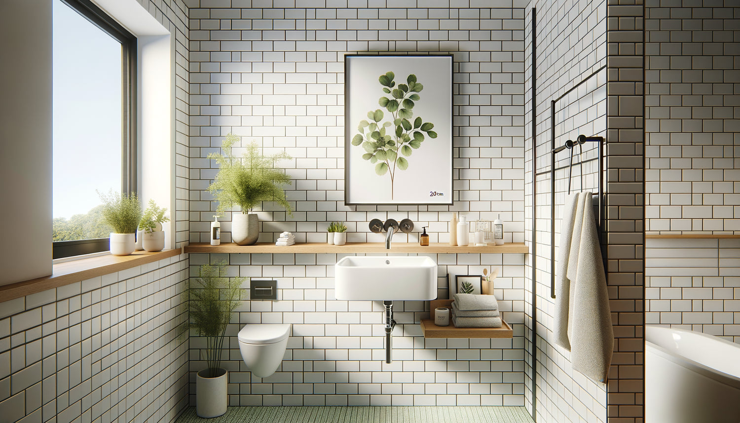 Petite salle de bain moderne avec tableau vertical format 20x30 cm au-dessus du lavabo, décoration minimaliste