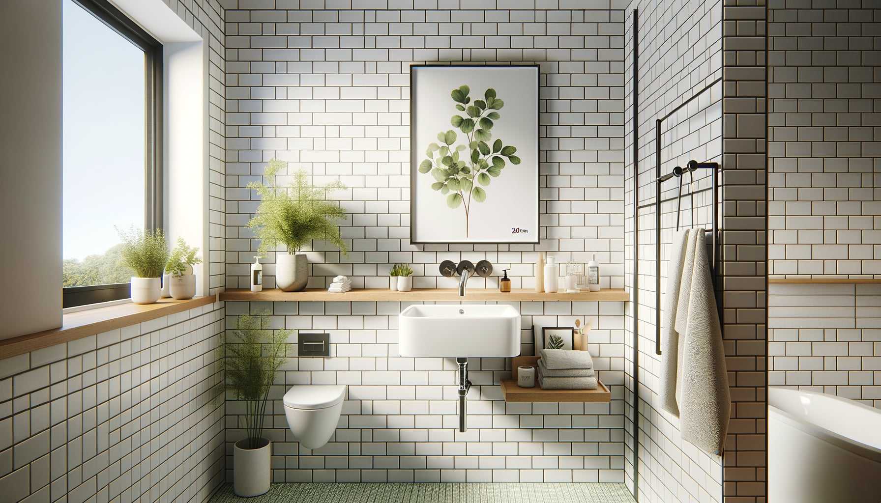Petite salle de bain moderne avec tableau vertical format 20x30 cm au-dessus du lavabo, décoration minimaliste