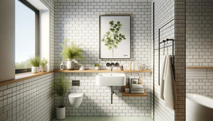 Petite salle de bain moderne avec tableau vertical format 20x30 cm au-dessus du lavabo, décoration minimaliste