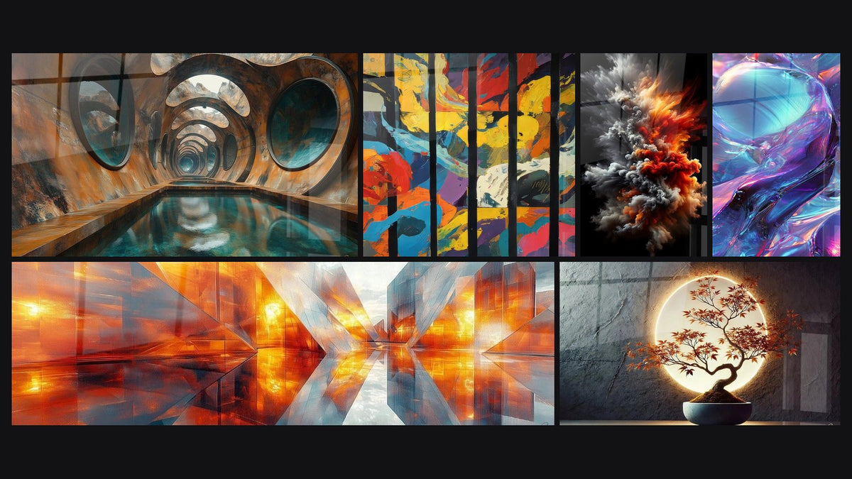 Mosaico de seis cuadros, entre ellos Abismo Luminoso Oxidado, Barras de colores verticales y Confluencia Luminosa Ámbar