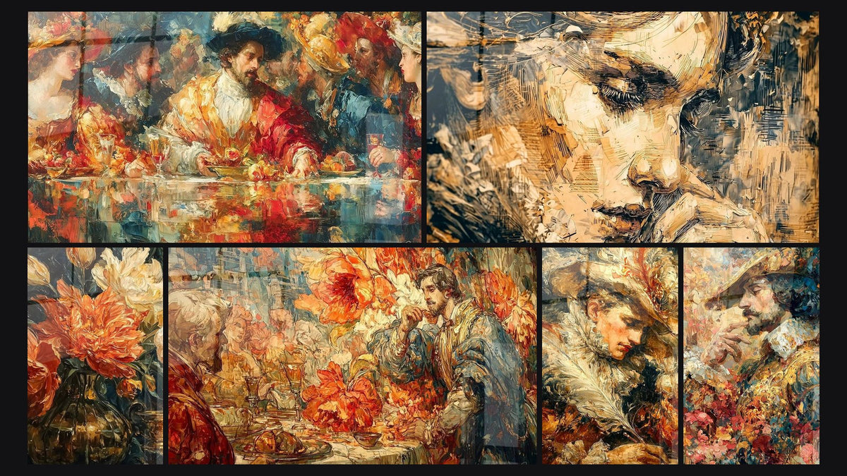 Mosaico de seis cuadros, entre ellos Banquete Festín Opulento, Retrato Sfumato Misterioso y Flores Sinfonía Naranja