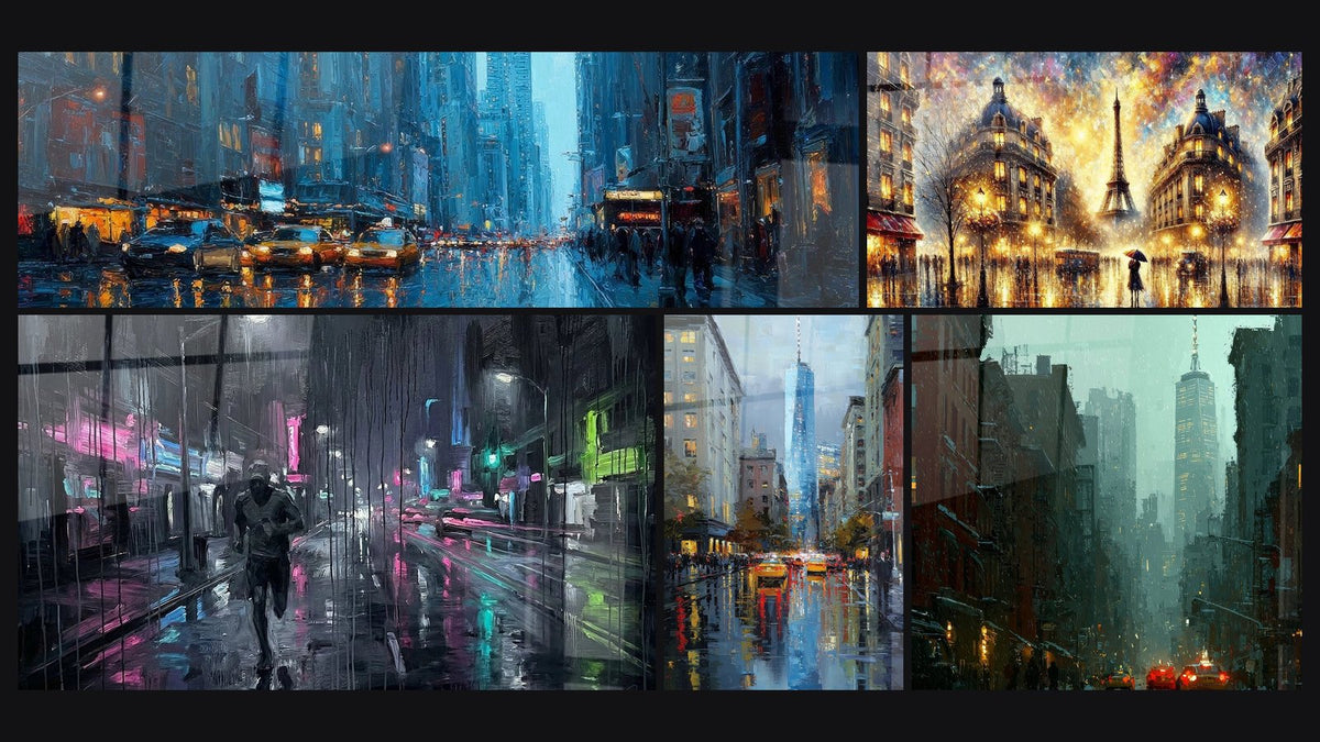 Mosaico de cinco cuadros, entre ellos Calle neoyorquina bajo la lluvia, París Bajo la Lluvia N°1 y Corredor Urbano Nocturno
