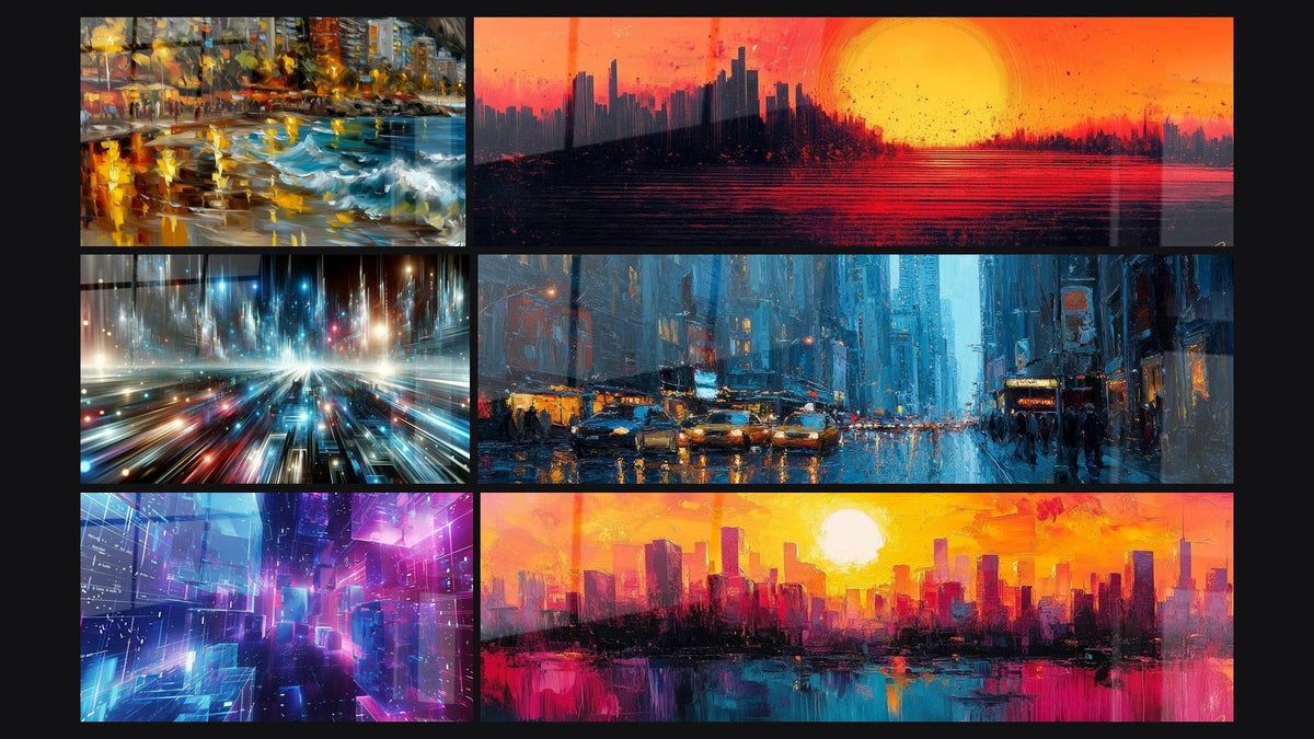 Mosaïque de six tableaux, dont Ville côtière illuminée, Pulsations d'une Ville Électrique et Rue new-yorkaise sous la pluie