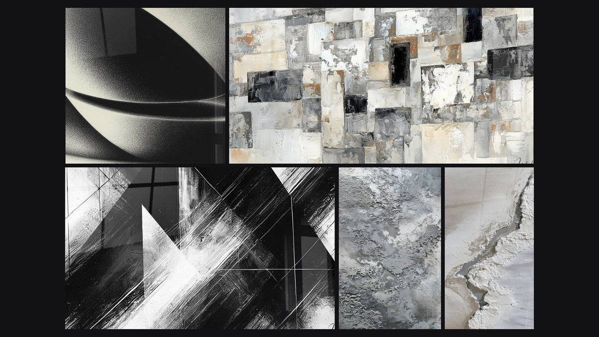Mosaïque de cinq tableaux, dont Sphère abstraite, Abstrait Mosaïque Grise et Beige et Points de Convergence