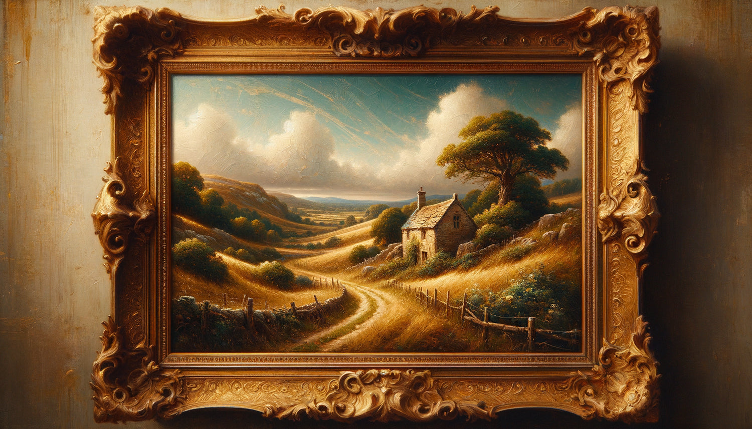 Tableau vintage authentique de petit maître du 19ème siècle, paysage académique avec cadre doré ancien et patine d'époque