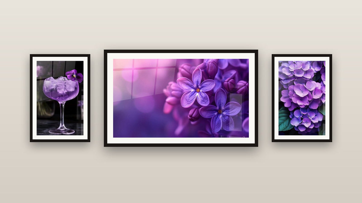 Mur de galerie avec trois tableaux encadrés : Cocktail N°4, Lilas N°1 et Hortensia N°2