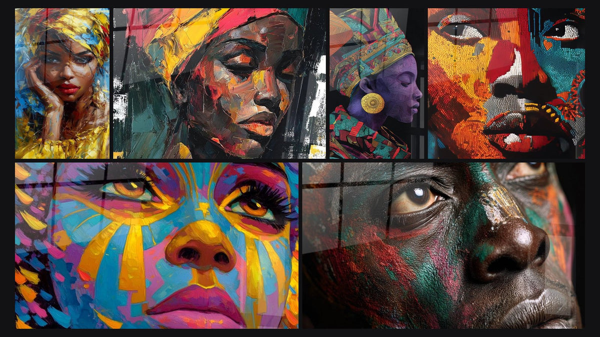 Mosaïque de six tableaux, dont Visage Splendeur aux lèvres pourpres, Visage soleil mystique et Visage Femme Africaine