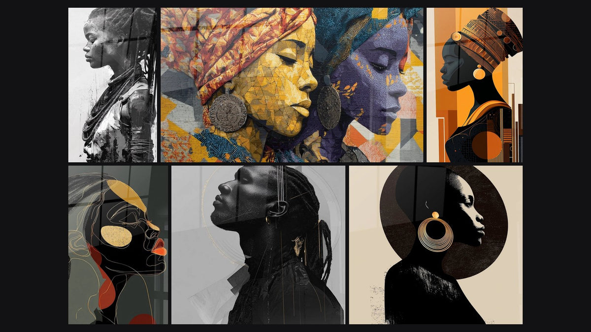 Mosaïque de six tableaux, dont Femme Africaine Profil, Deux femmes africaines profil et Profil Femme Noire