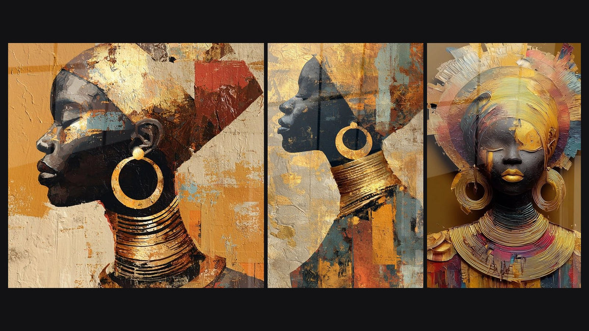 Mosaico di tre quadri: Profilo Donna Africana, Ritratto Africano Astratto e Viso Donna Africano