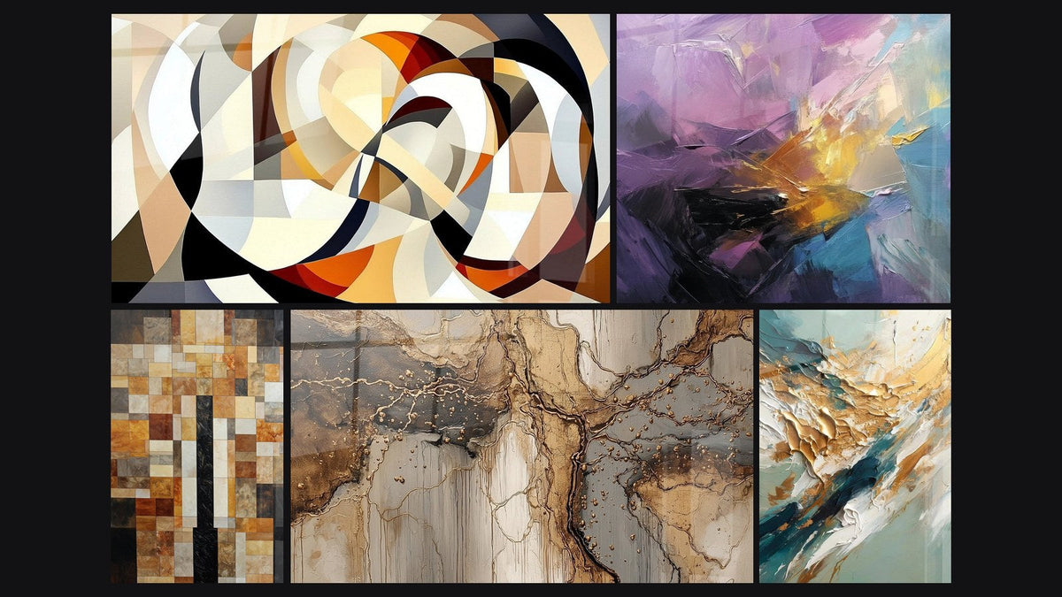 Mosaic of five paintings, including Interlocking circular shapes, Golden Flux and Reflux and Abstract colorful explosion