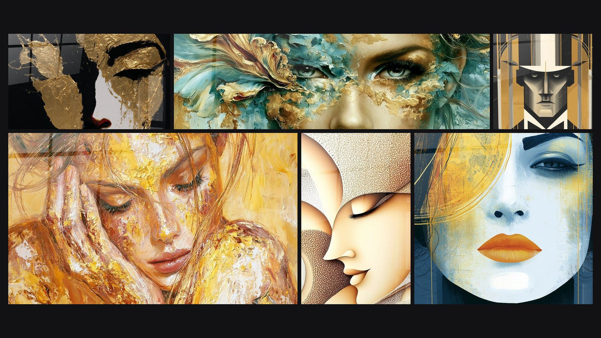 Mosaïque de six tableaux, dont Visage doré aux éclats noirs et rouges et Visage doré aux mèches turquoise