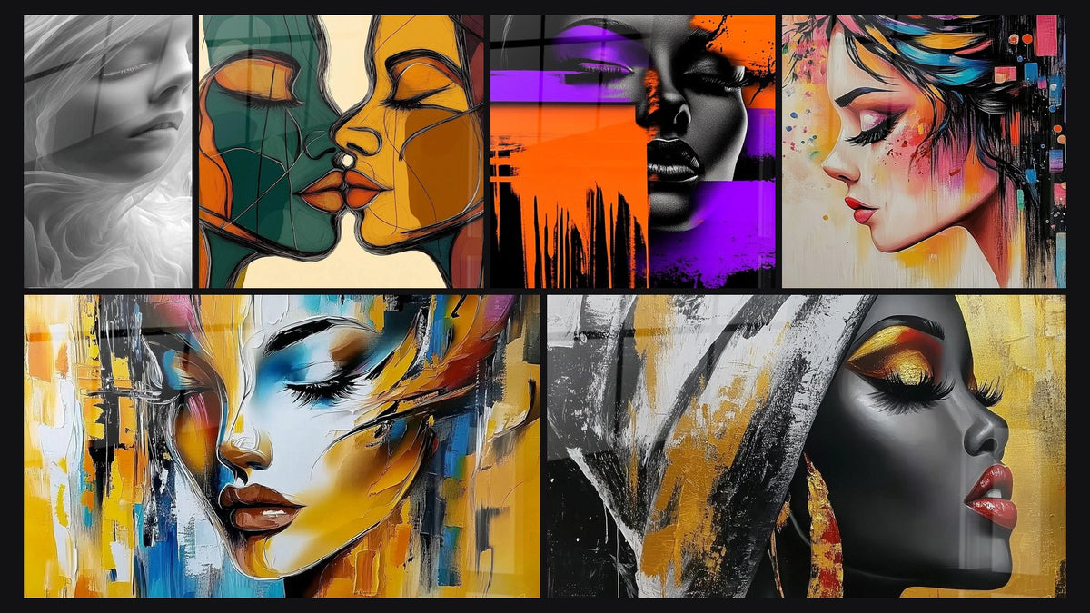 Mosaïque de six tableaux, dont Femme Plumes Éthérées, Femme moderne coloré et Femme portrait coloré