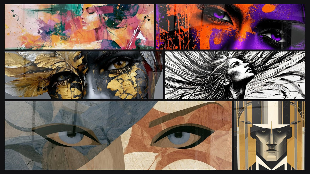 Mosaic of six paintings, including Profile Face with Orange and Violet Hair and Golden Face with Silver Feathers