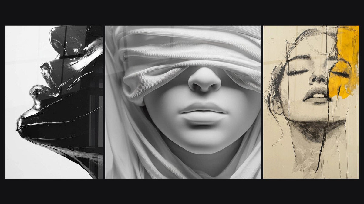 Mosaic of three paintings: Abstract Female Face, Veiled Feminine Face and Sunlit Glow