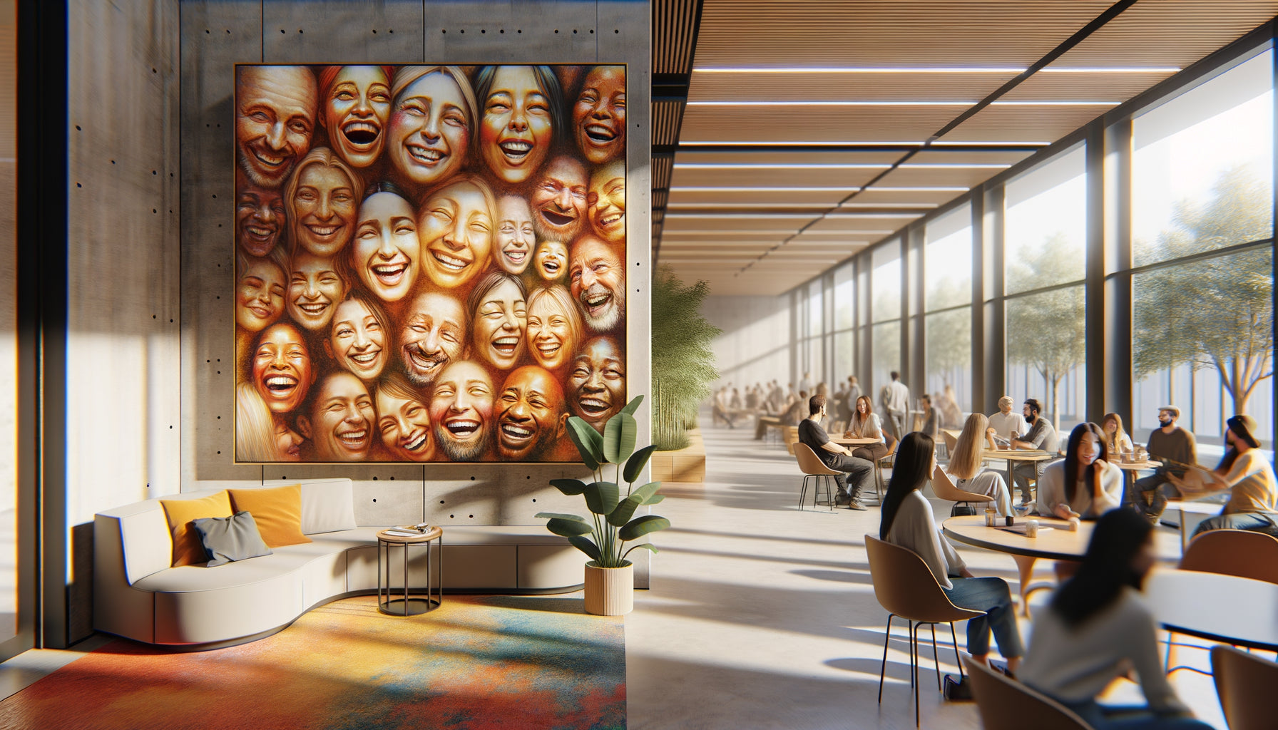 Espace collectif contemporain avec tableau de visages souriants favorisant les échanges sociaux naturels