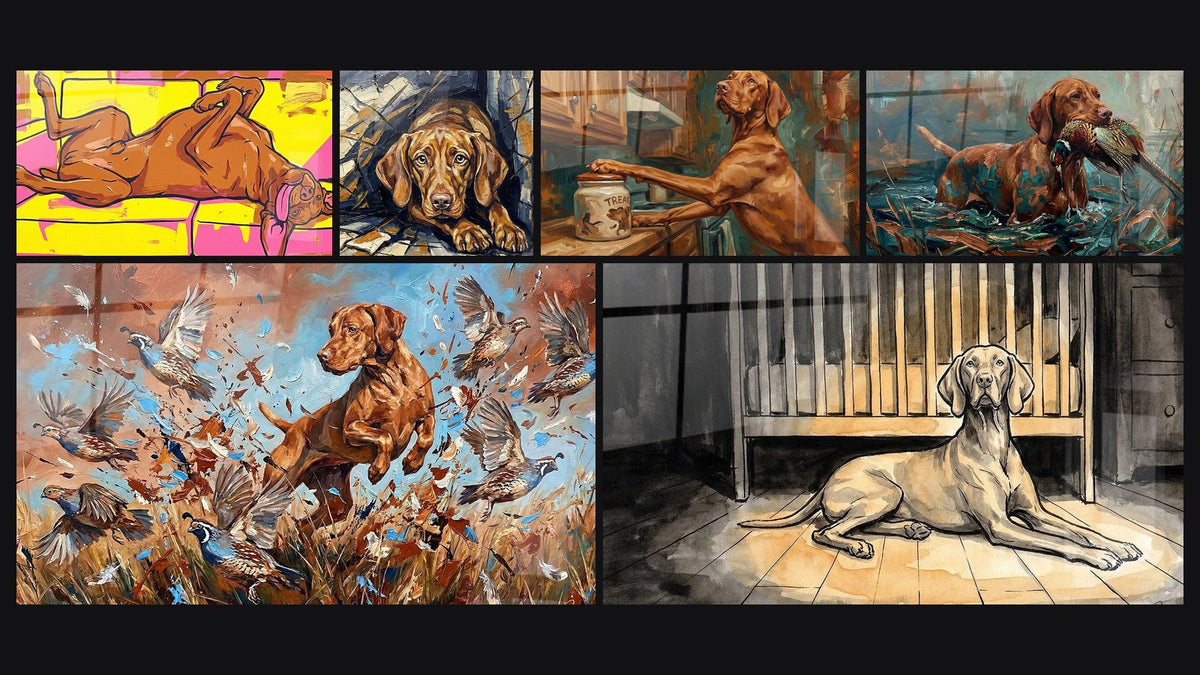 Mosaïque de six tableaux, dont Chien Roux Allongé sur Canapé Jaune et Vizsla et Cailles en Vol