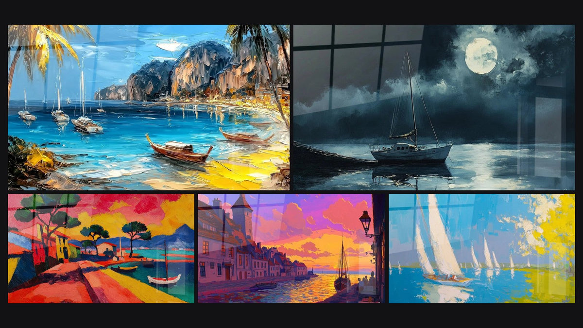 Mosaïque de cinq tableaux, dont Baie Tropicale avec Voiliers, Village côtier coloré et Voiliers Écume Solaire