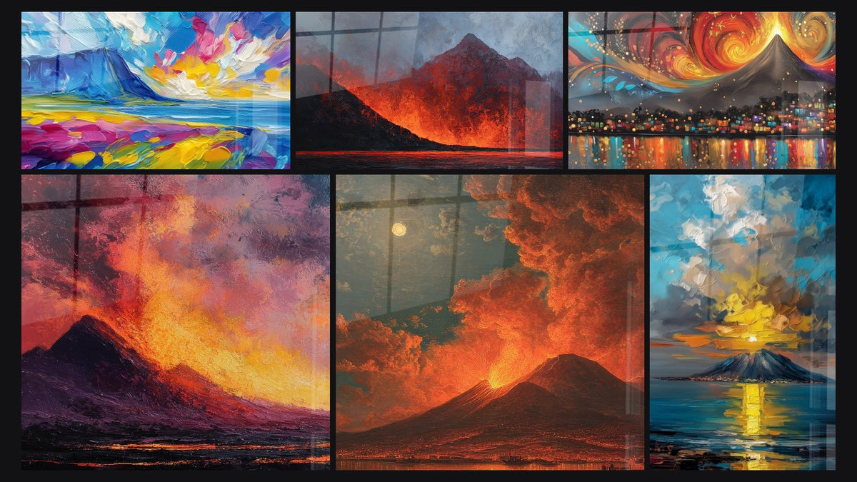 Mosaïque de six tableaux, dont Volcan Arc-en-Ciel, Volcan en éruption et Éruption volcanique