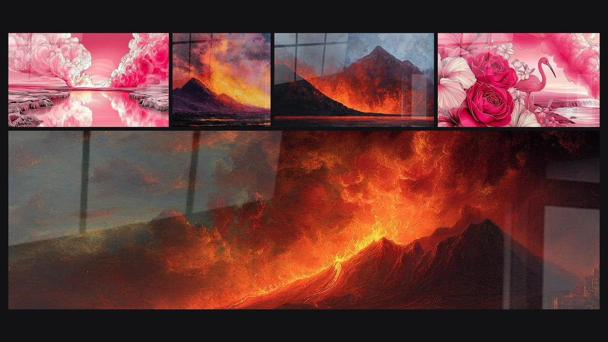 Mozaika pięciu obrazów, w tym Erupcji wulkanu różowa, Wulkanu w erupcji i Erupcji wulkanu