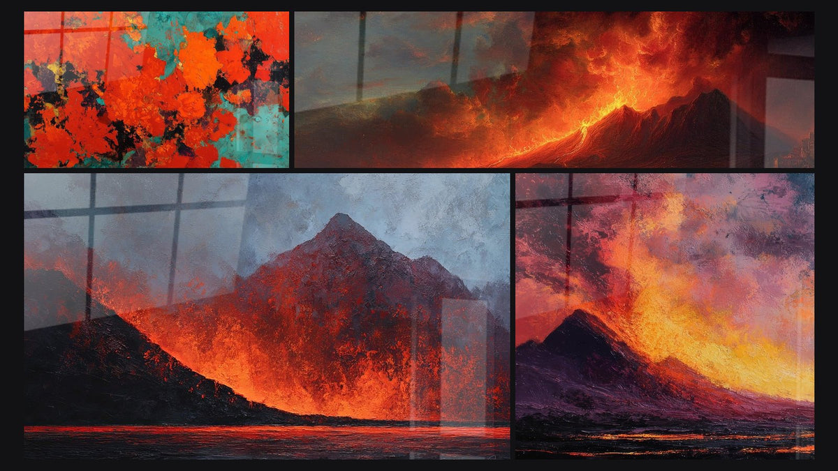 Mosaïque de quatre tableaux, dont Explosion abstraite rouge orange turquoise et Éruption volcanique apocalyptique