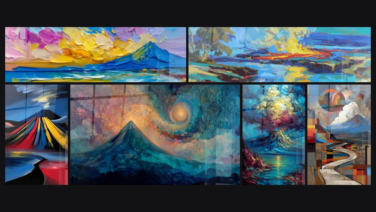 Mosaïque de six tableaux, dont Paysage volcanique, Paysage volcanique abstrait et Volcan stylisé coloré
